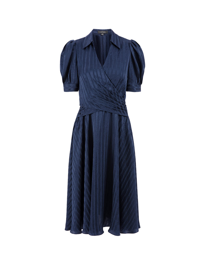 MARYLING Midnight Blue V-Neck Umbrella Hem Striped Dress