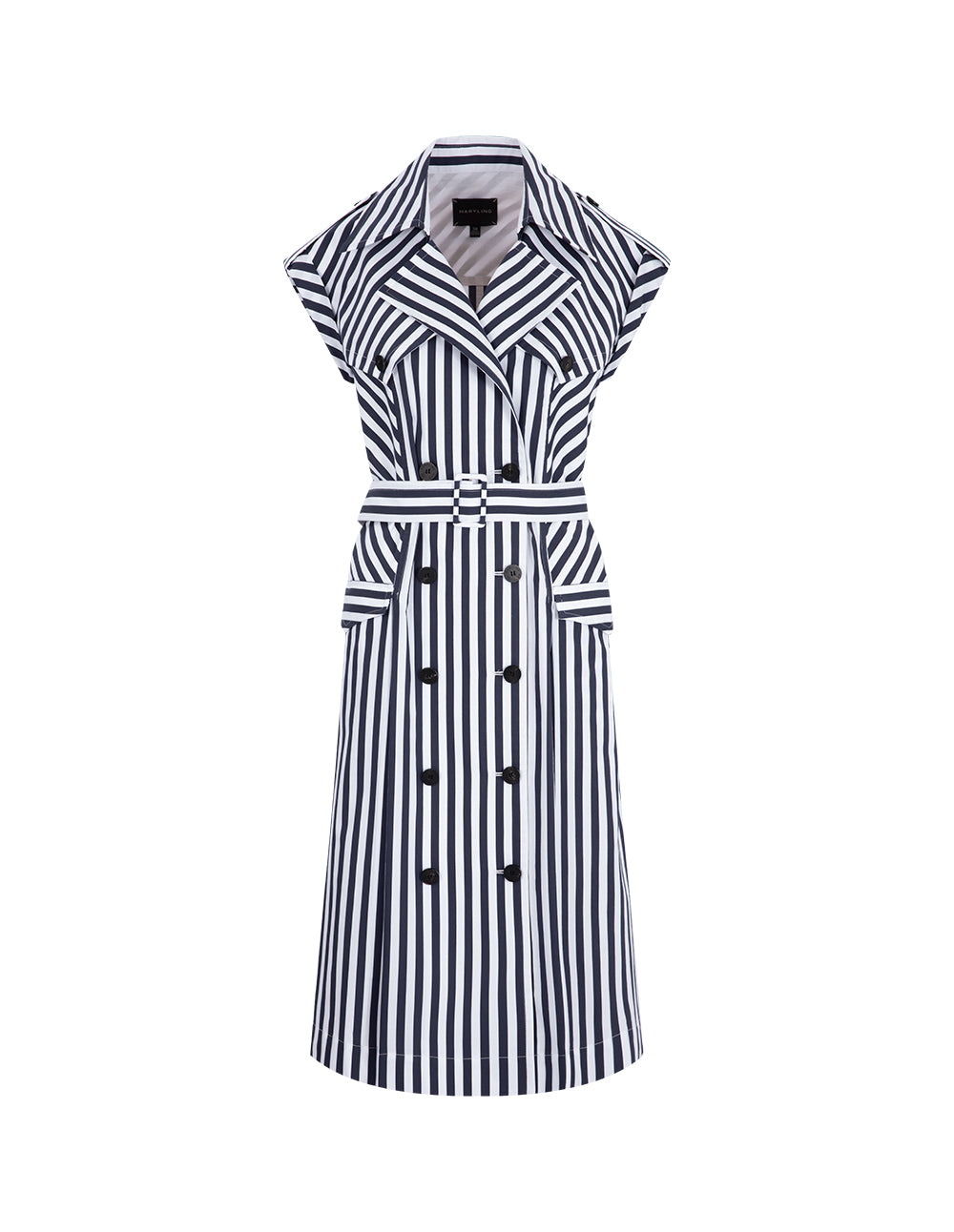MARYLING Blue And White Striped Lapel Belted Striped Dress