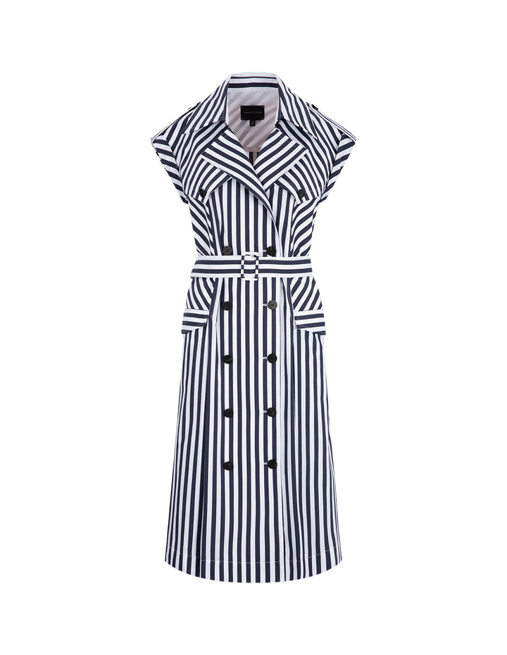MARYLING Blue And White Striped Lapel Belted Striped Dress
