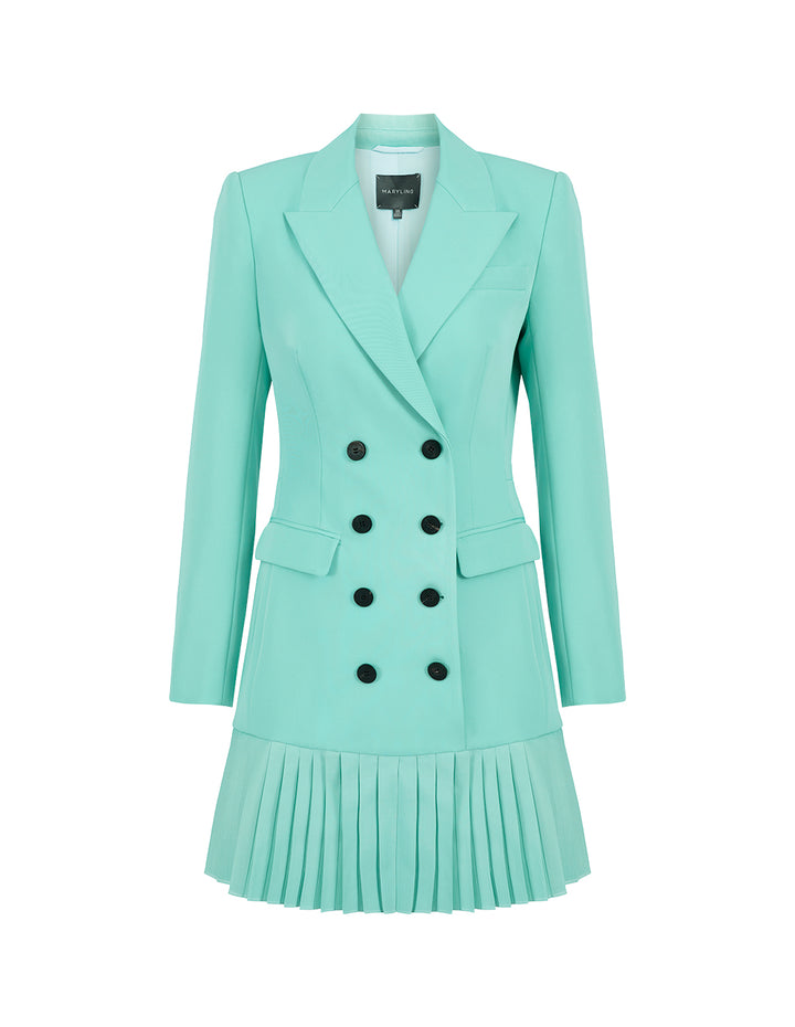 MARYLING Milk Blue Pleated Stitched Suit Collar Dress