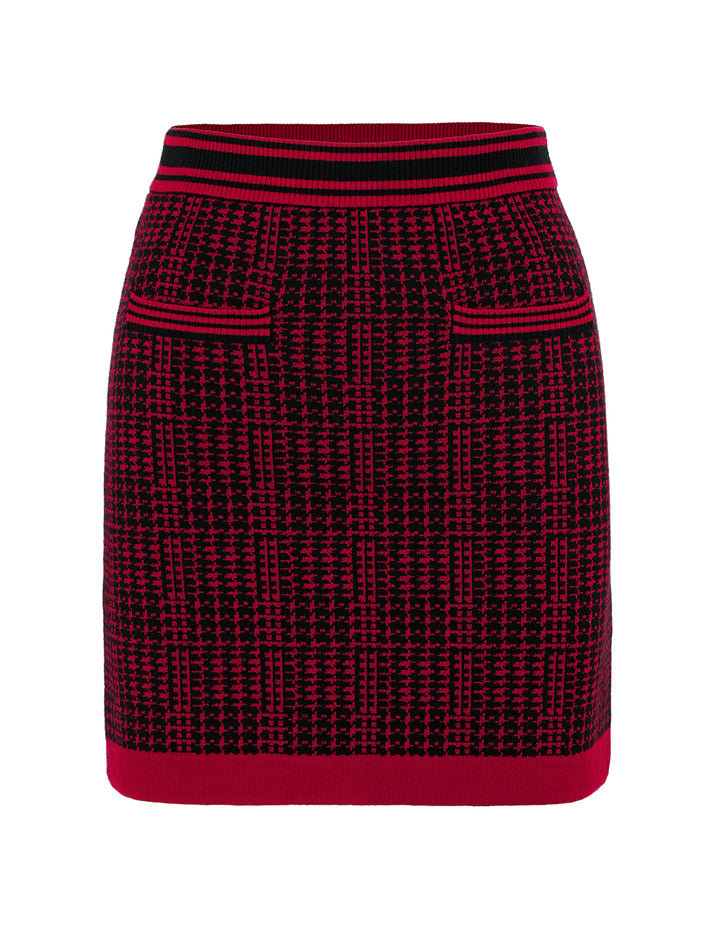 MARYLING BLACK & RED HOUNDSTOOTH KNITTED SKIRT