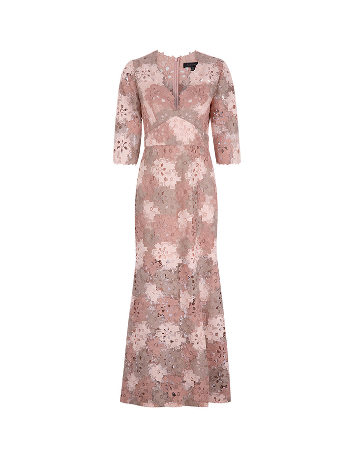 MARYLING Pink V-Neck Fishtail Slit Lace Dress