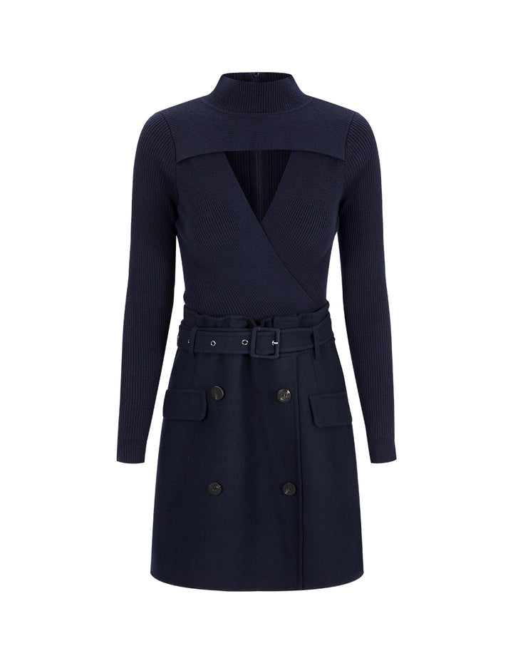 MARYLING Navy V-Shaped Hollow Knitted Double-Sided Woolen Dress