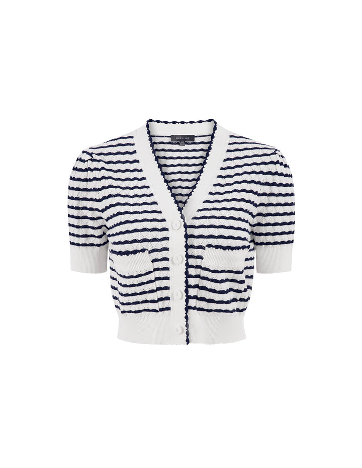 MARYLING Black And White Striped V-Neck Knitted Cardigan