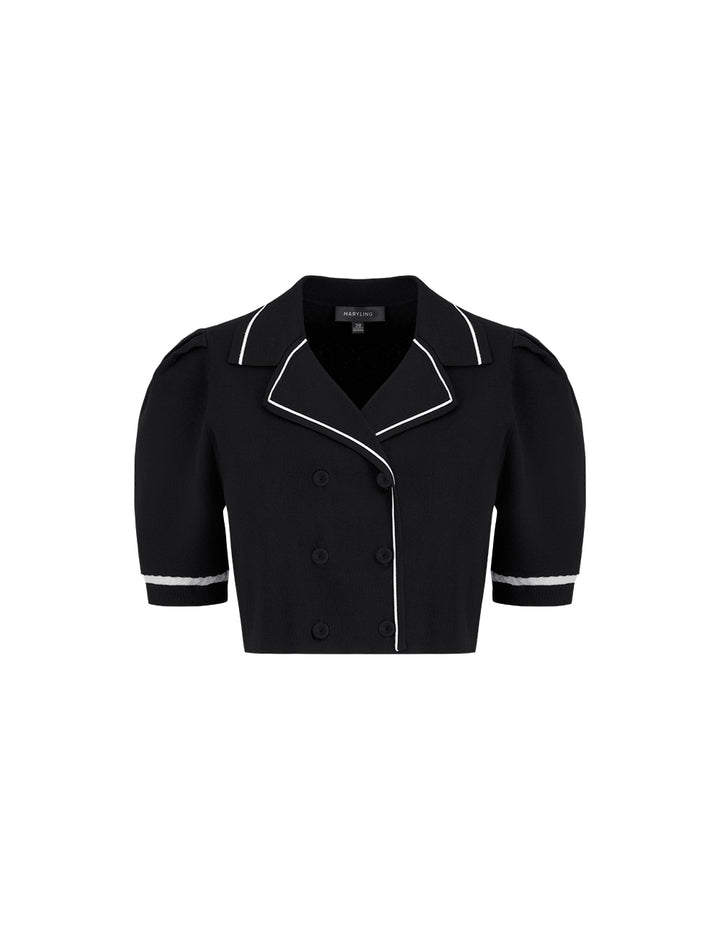 MARYLING Lapel Short Puff Sleeve Double-Breasted Knitted Top