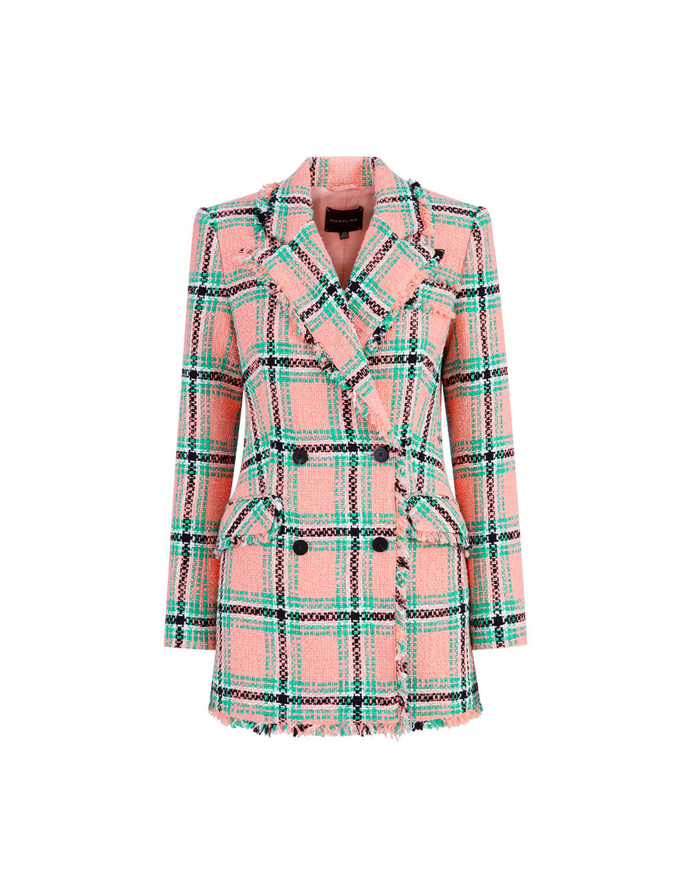 MARYLING Lapel Collar Pink And Green Plaid Double-Breasted Retro Blazer