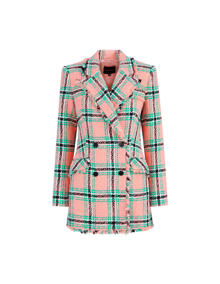 MARYLING Lapel Collar Pink And Green Plaid Double-Breasted Retro Blazer