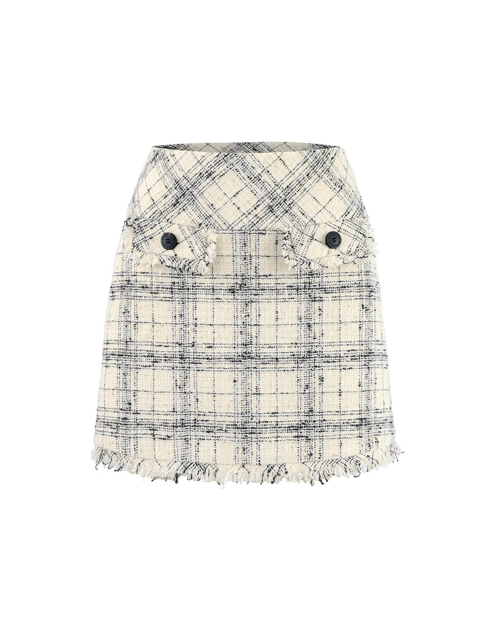 MARYLING PLAID TWEED FRINGE HEM MINI SKIRT