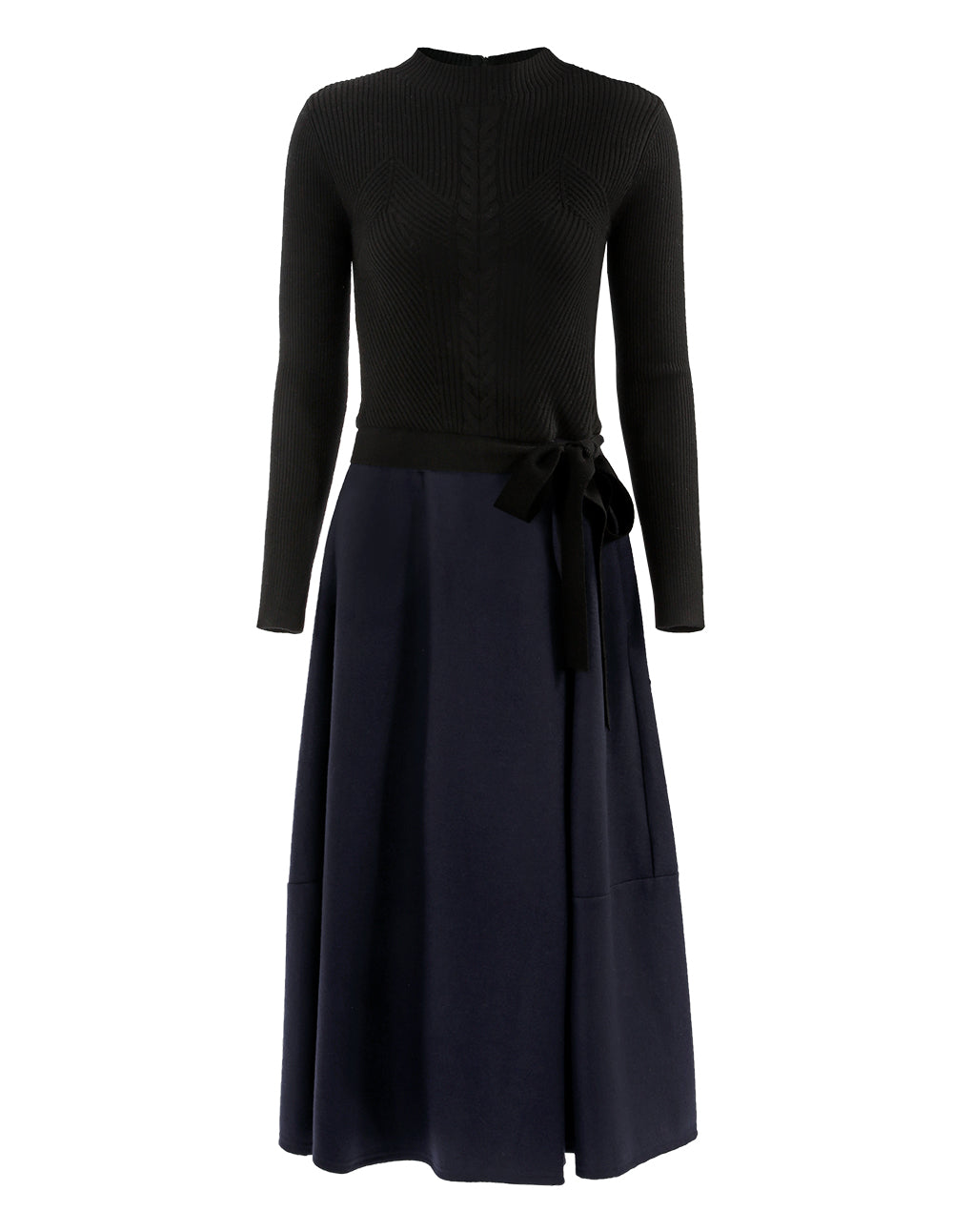 MARYLING Rib-Knit Spliced Pleated Midi Dress