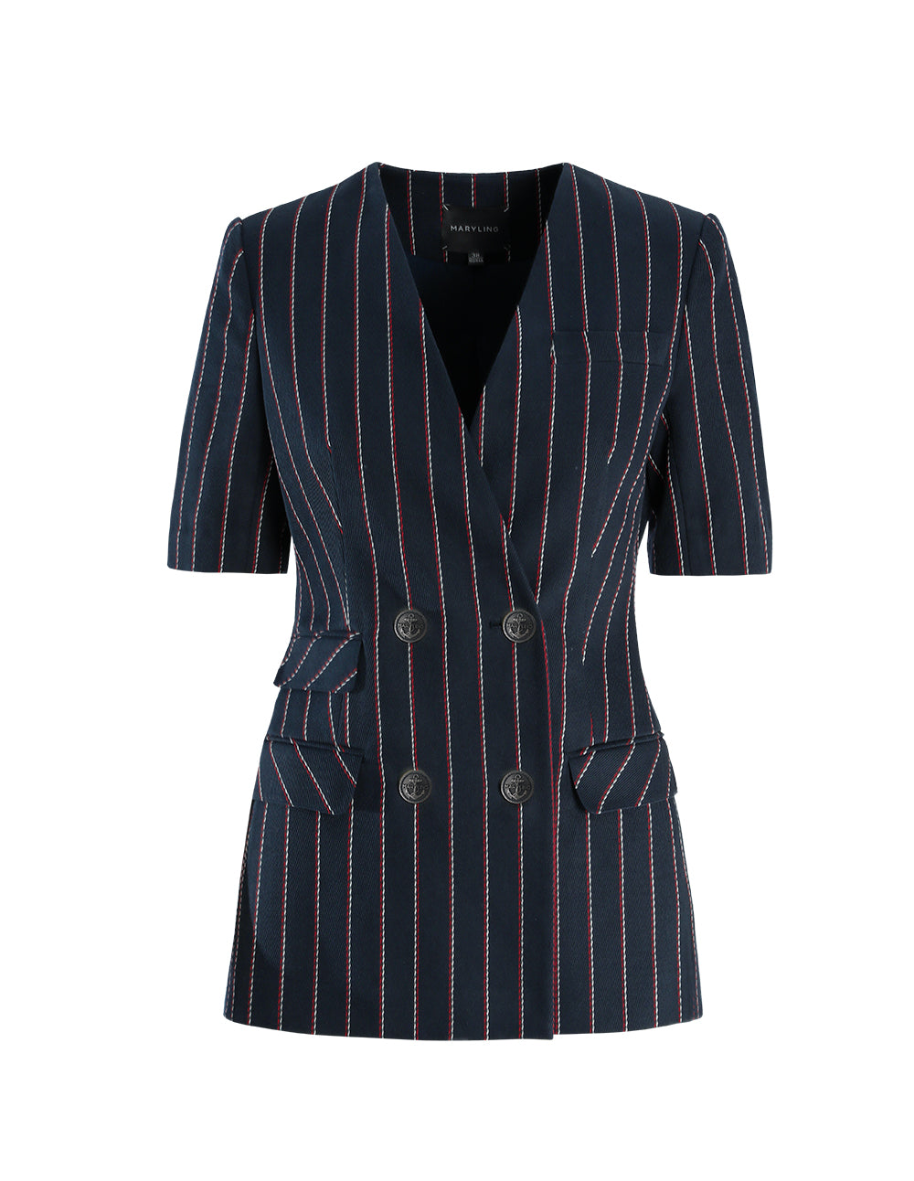 MARYLING Blue Striped Double Breasted Short Sleeve Jacket