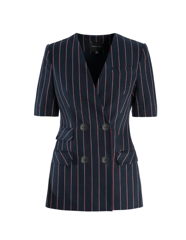 MARYLING Blue Striped Double Breasted Short Sleeve Jacket