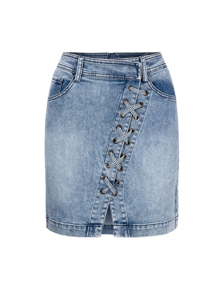 MARYLING Denim Blue Asymmetric Lace-Up Denim Skirt