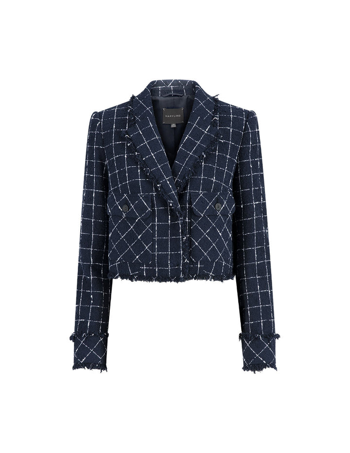 MARYLING Lapel Collar Single-Breasted Cropped Blue Blazer