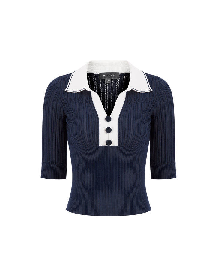 MARYLING Midnight Blue Polo Shirt Collar Colour block Knit Sweatshirt