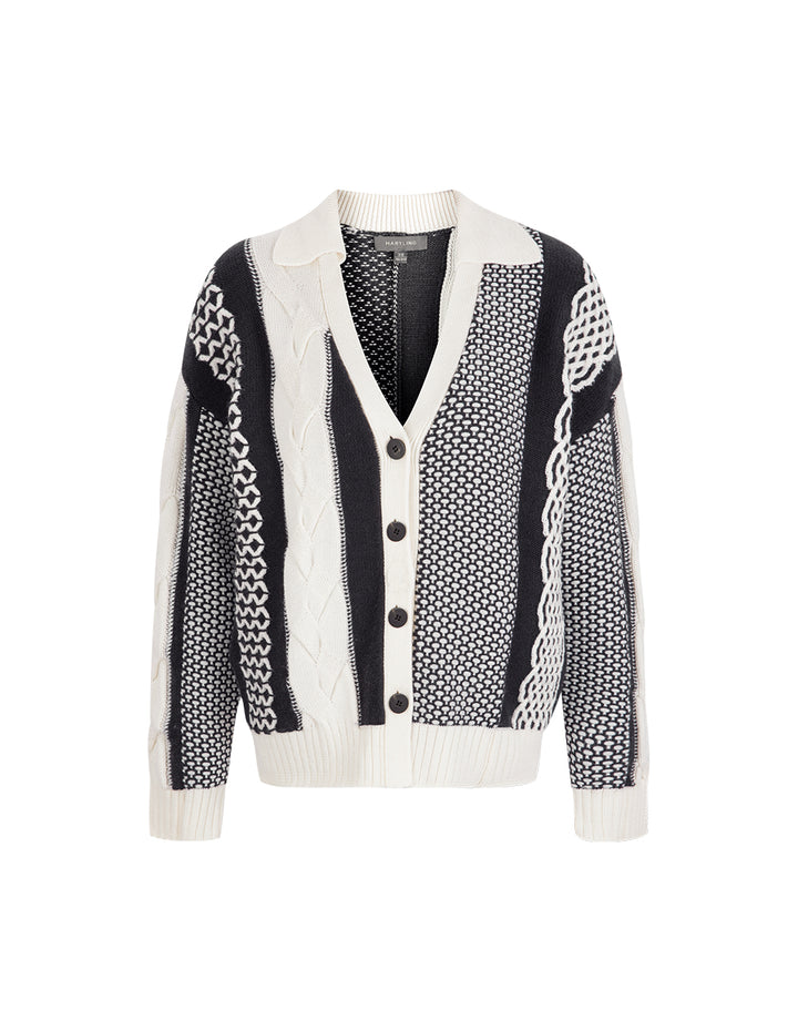 MARYLING Black And White Contrasting Design Knitted Cardigan
