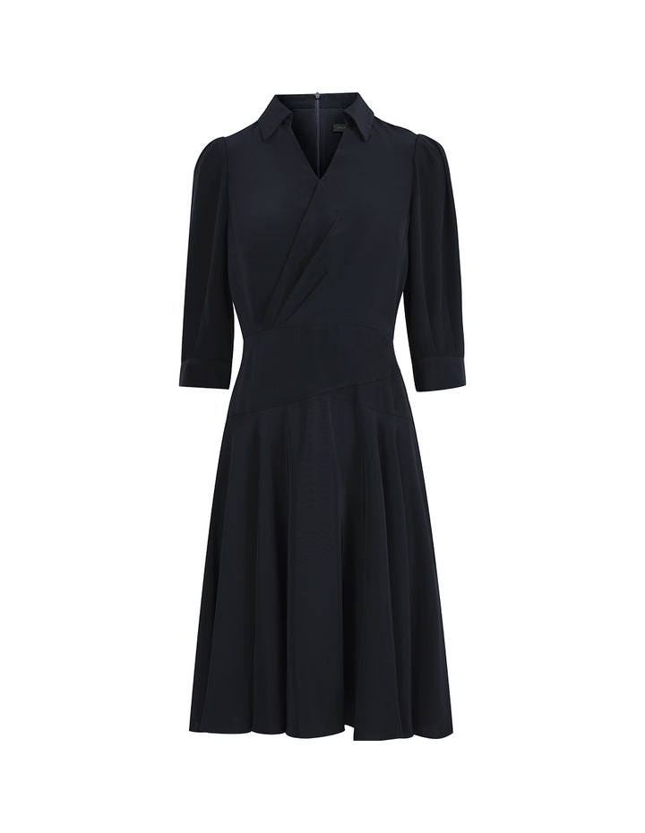 MARYLING Midnight Blue Pleated Mid-Sleeve Dress