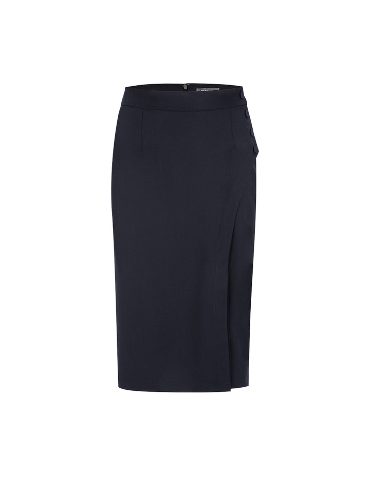 MARYLING Dark Blue Curved Line Slit Detail Straight Skirt