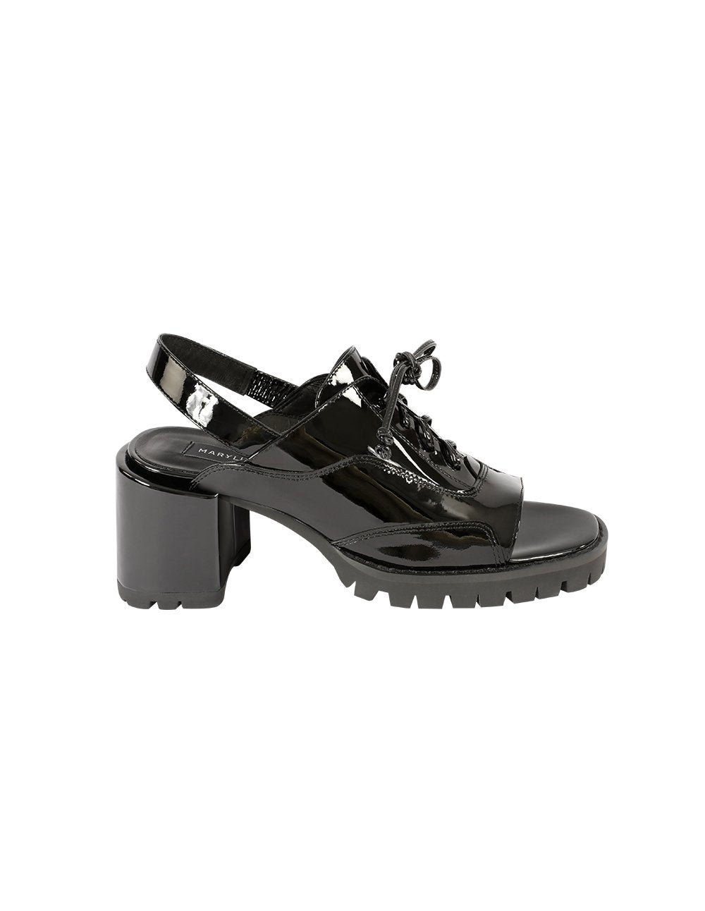 MARYLING Patent Leather Open Toe Lace Up Block Heel Slingback Shoes
