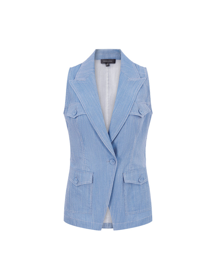 MARYLING Denim Blue Peak Collar Contrast Stitching Vest
