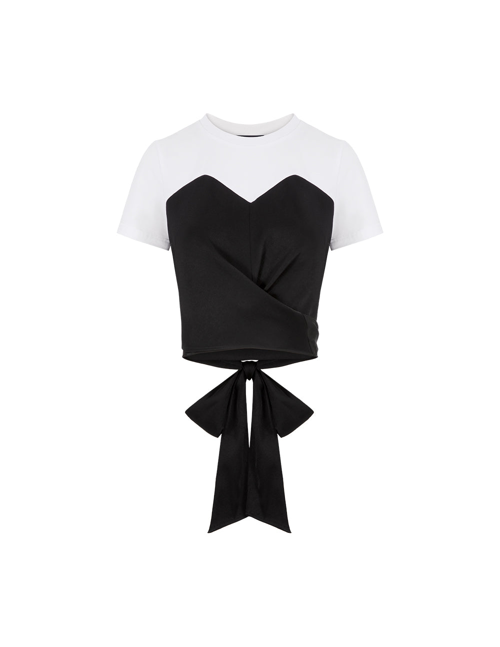 MARYLING Black And White Contrast Crossover Detail Panel Crewneck T-Shirt Top