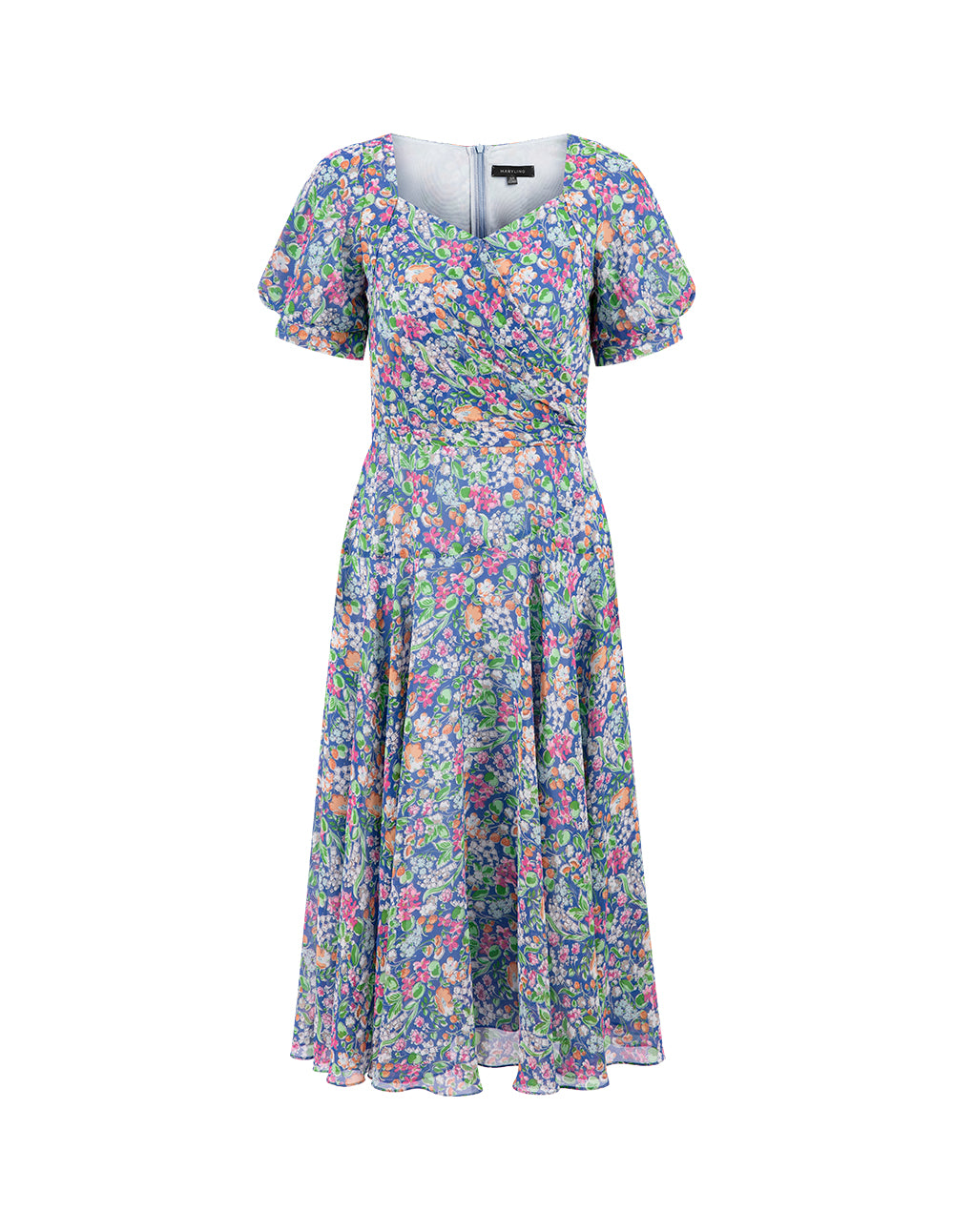 MARYLING Colourful Underwater Garden Square V-Neck Pinched Print Dress