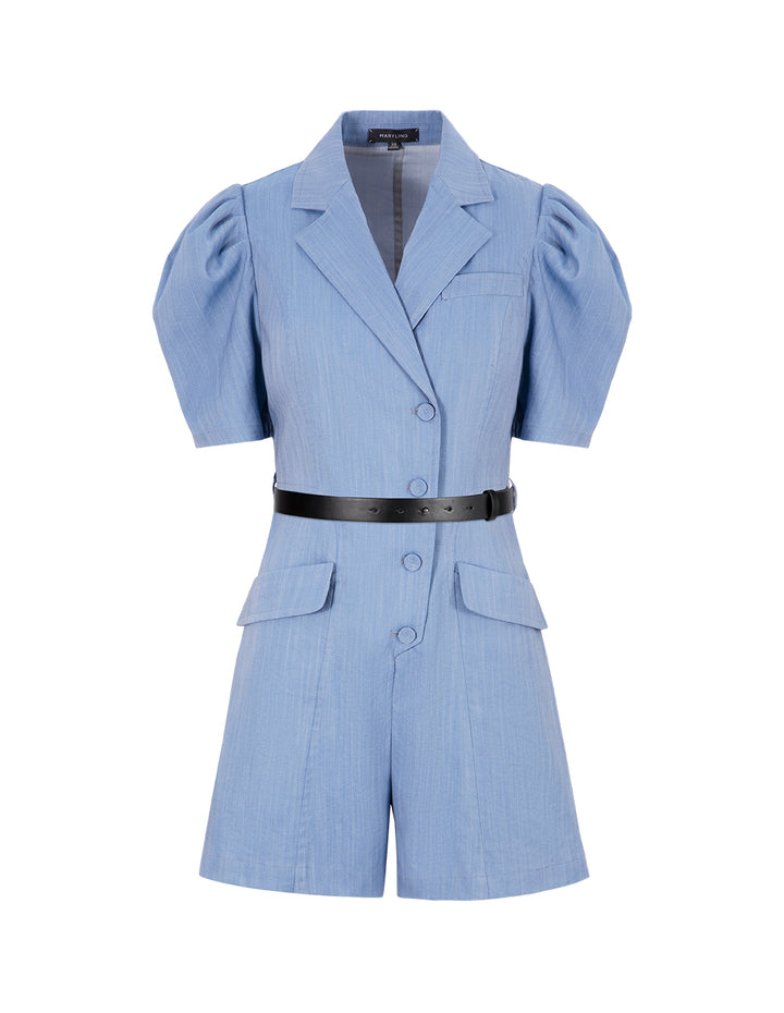 MARYLING Denim Blue Vintage Puff Sleeve Jumpsuit