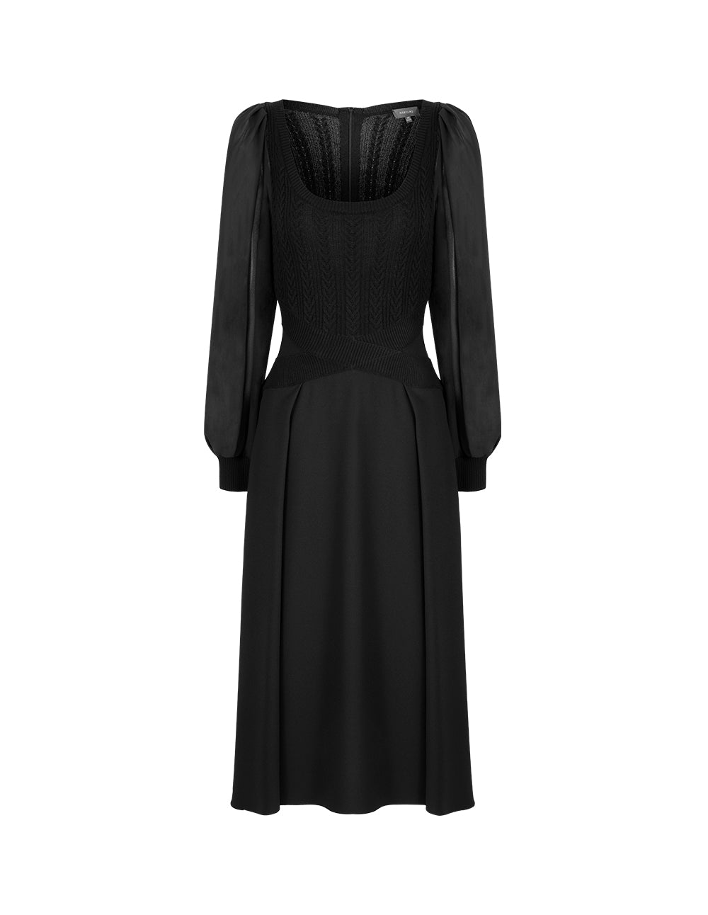 MARYLING Black Square Neck Knitted Patchwork Georgette Sleeve Dress