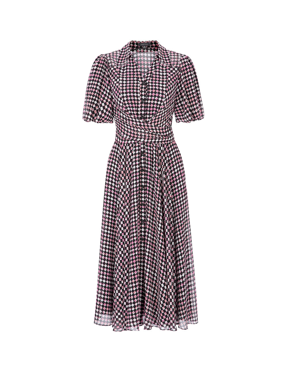 MARYLING Red Berry Plaid Shirt Collar Cross Tie Puff Sleeve Dress