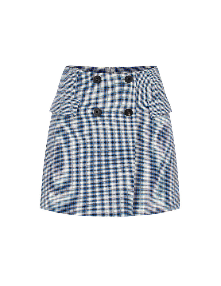MARYLING Blue And White Grid Houndstooth Contrast Button A-Line Skirt