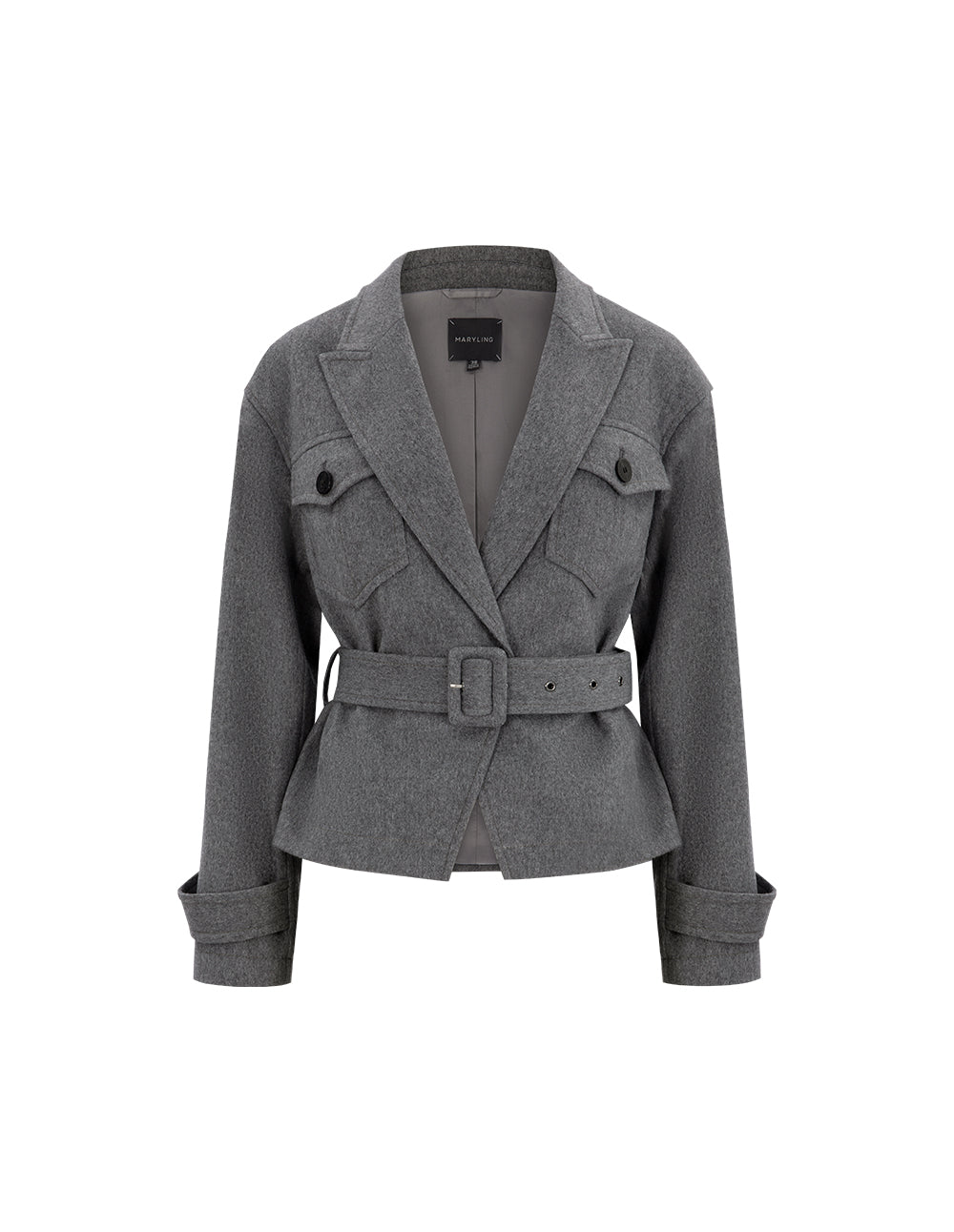 MARYLING Gray Lapel Collar Contrast Button Belted Jacket