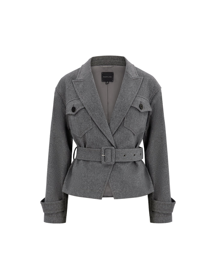 MARYLING Gray Lapel Collar Contrast Button Belted Jacket