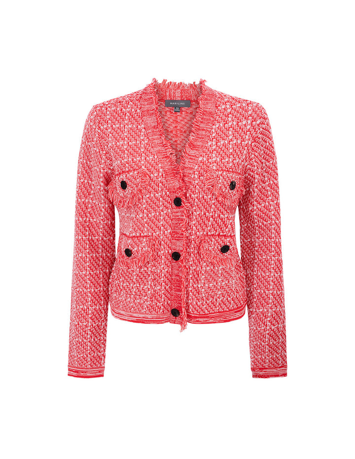 MARYLING  V-Neck Red And Pink Plaid Elegant Knitted Cardigan