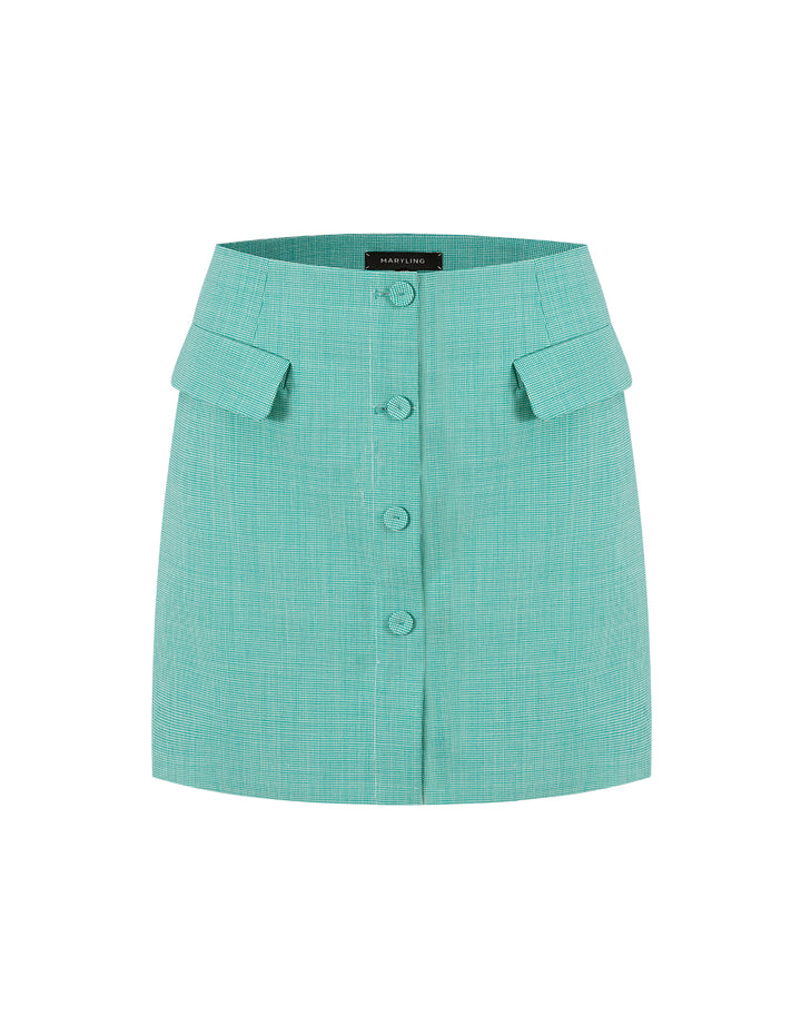 MARYLING Light Green Small Check Houndstooth Button Skirt