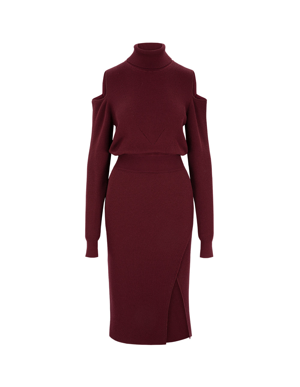 MARYLING Burgundy Red Turtleneck Off-The-Shoulder Long-Sleeve Knitted Dress