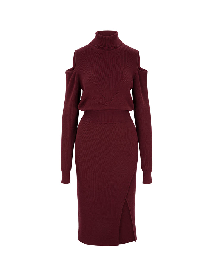 MARYLING Burgundy Red Turtleneck Off-The-Shoulder Long-Sleeve Knitted Dress