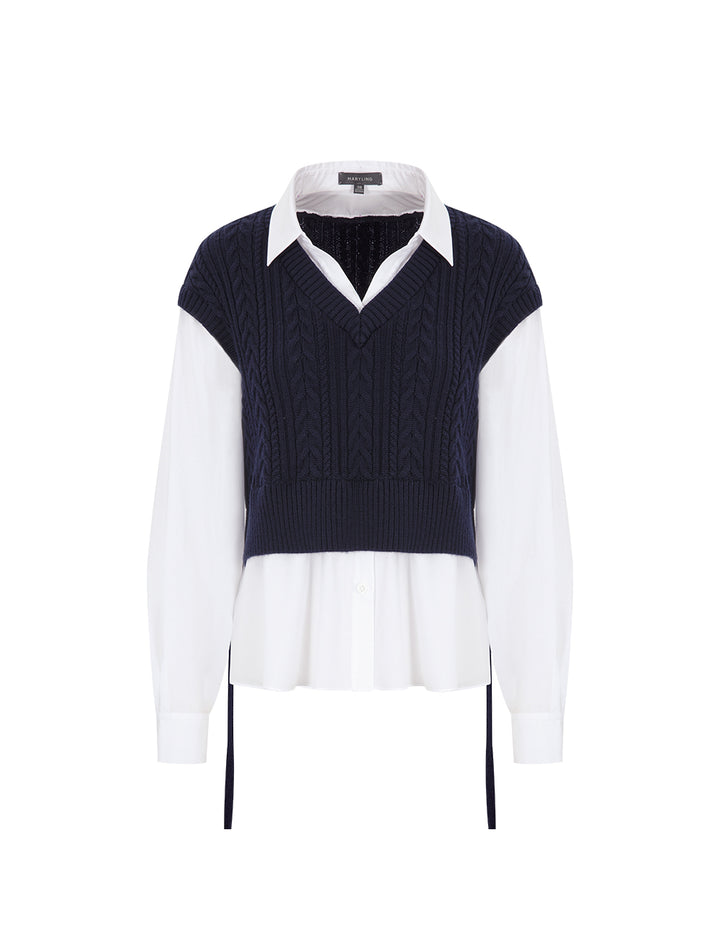 MARYLING Blue And White Contrast Knit Woven Matching Sweatshirt