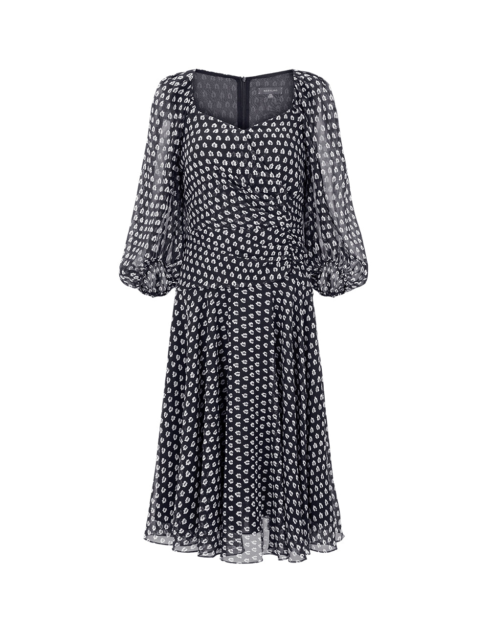 MARYLING Black And White Forest V-Neck Pinched Puff Sleeve Dress