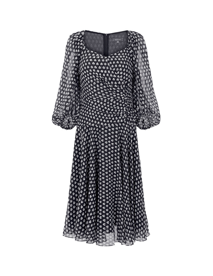 MARYLING Black And White Forest V-Neck Pinched Puff Sleeve Dress