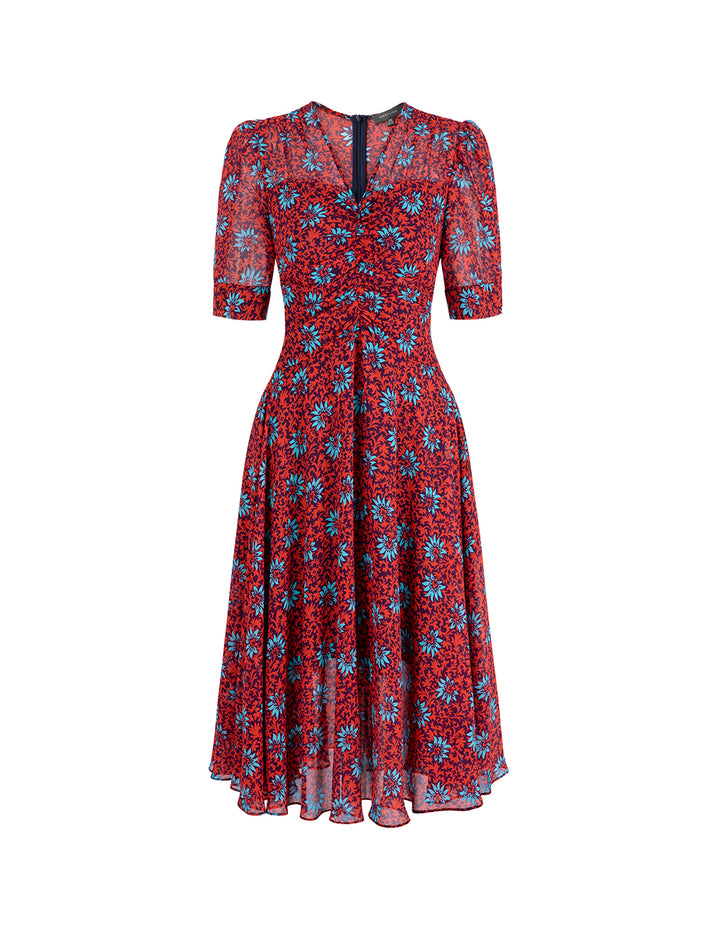 MARYLING Red Floral Printed V-Neck Pleated Dress