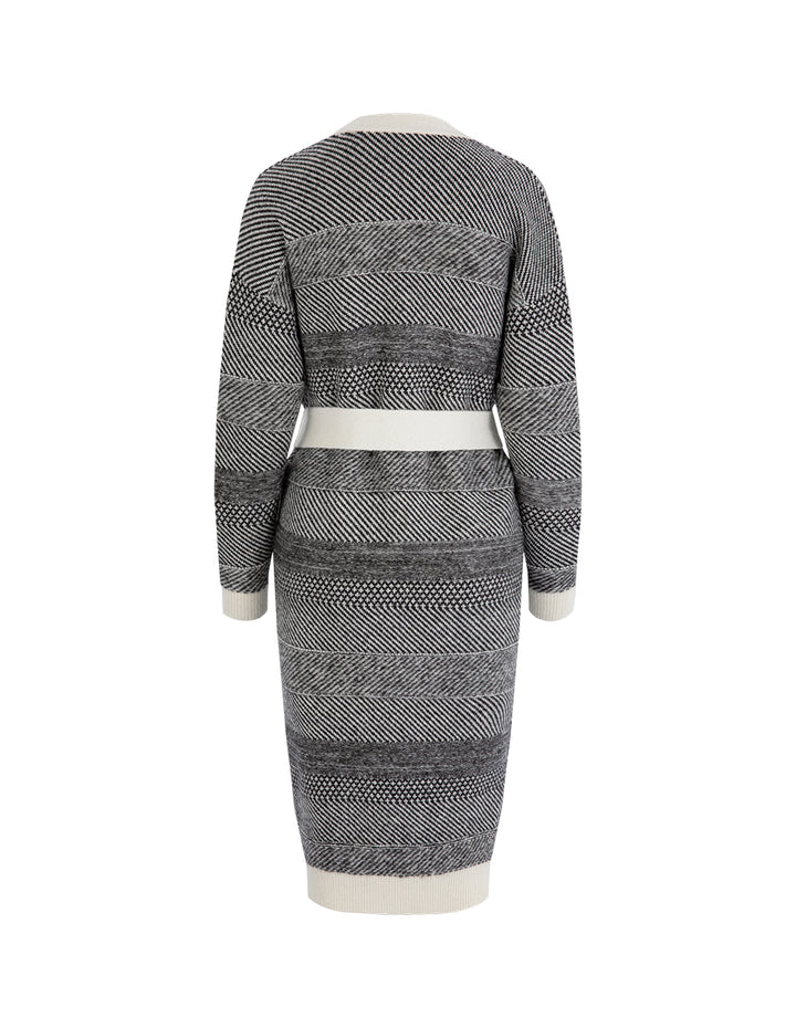 MARYLING Gradient Light Gray Patterned Waisted Knitted Long Coat