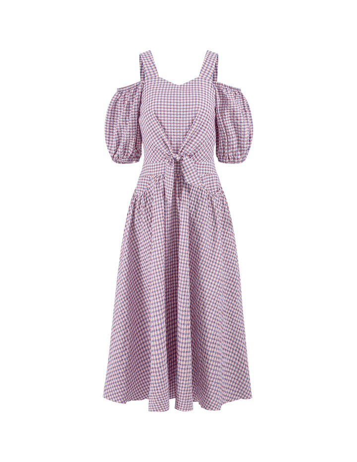 MARYLING Light Purple Checkered V-Neck Puff Sleeves Bowknot Decorated Dress