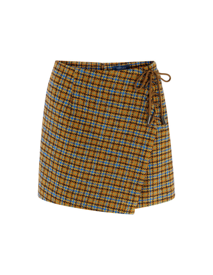 MARYLING Blue camel plaid wearing rope mini small A skirt