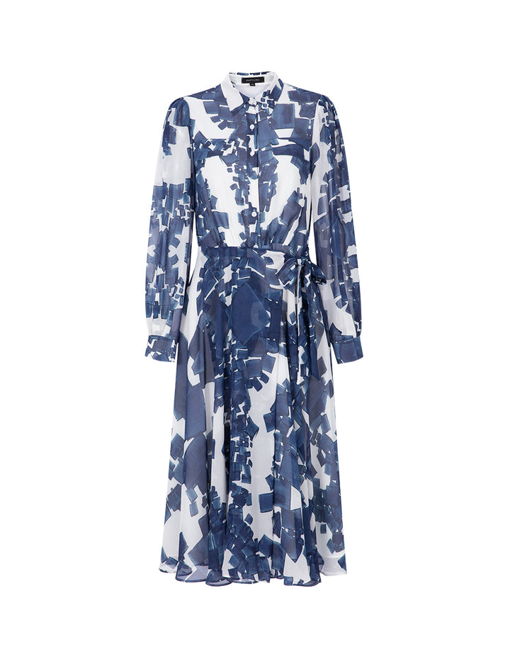 MARYLING Blue And White Grit Collar Blue Plaid Georgette Dress