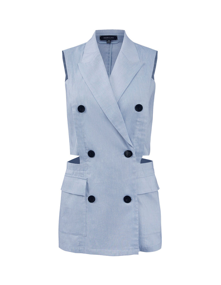 MARYLING SKY BLUE LINEN BLENDED SLEEVELESS JACKET