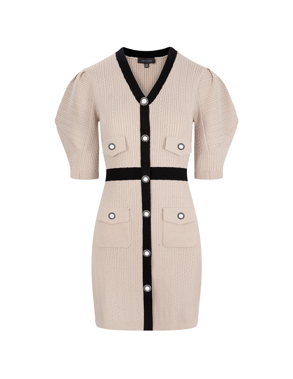 MARYLING Sand Colour Contrast V-Neck Long Sleeve Knit Dress