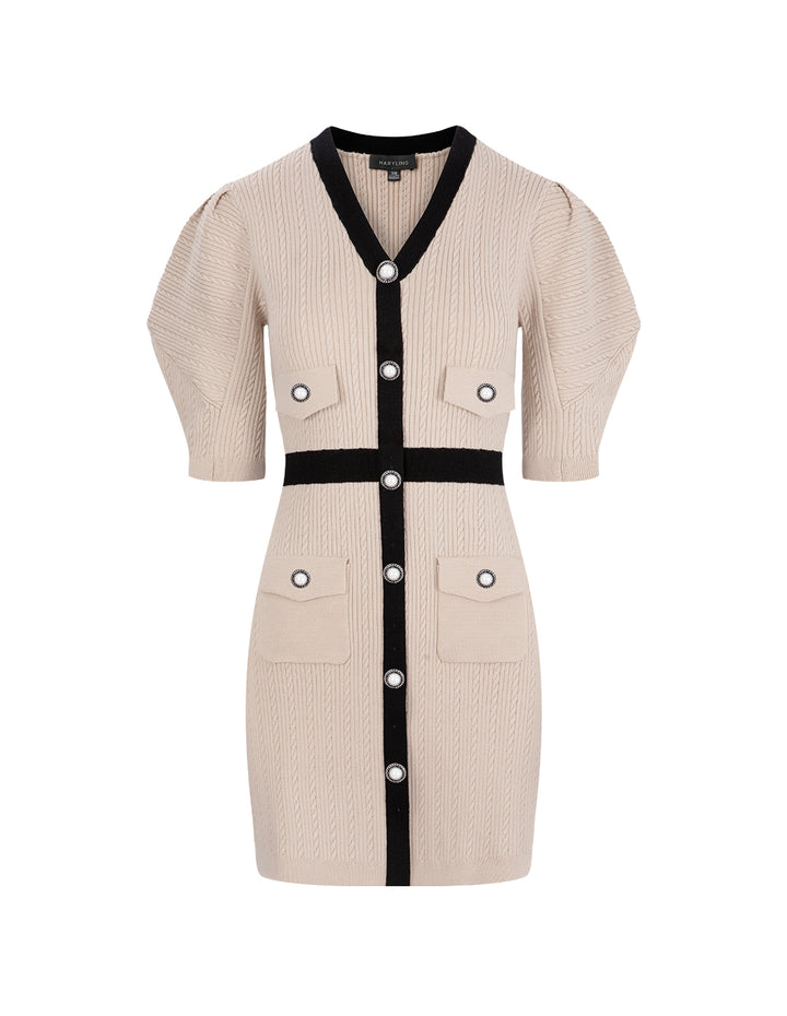 MARYLING Sand Colour Contrast V-Neck Long Sleeve Knit Dress