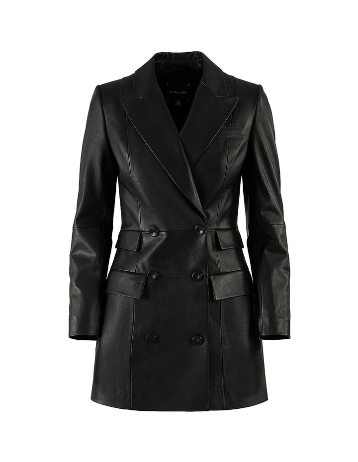 MARYLING Peak-Lapel Double-Breasted Leather Blazer