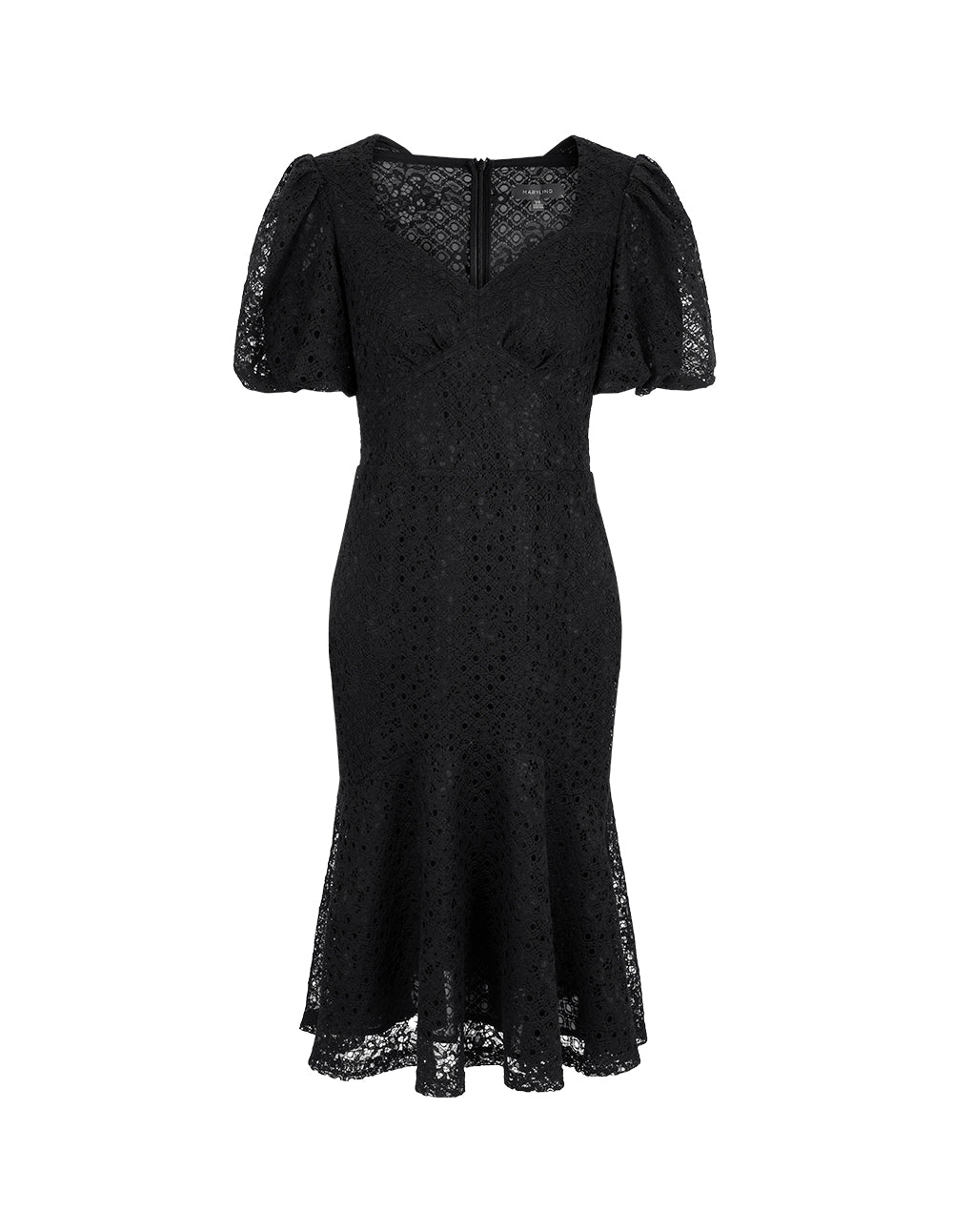 MARYLING Black Puff Sleeve Fishtail Lace Dress