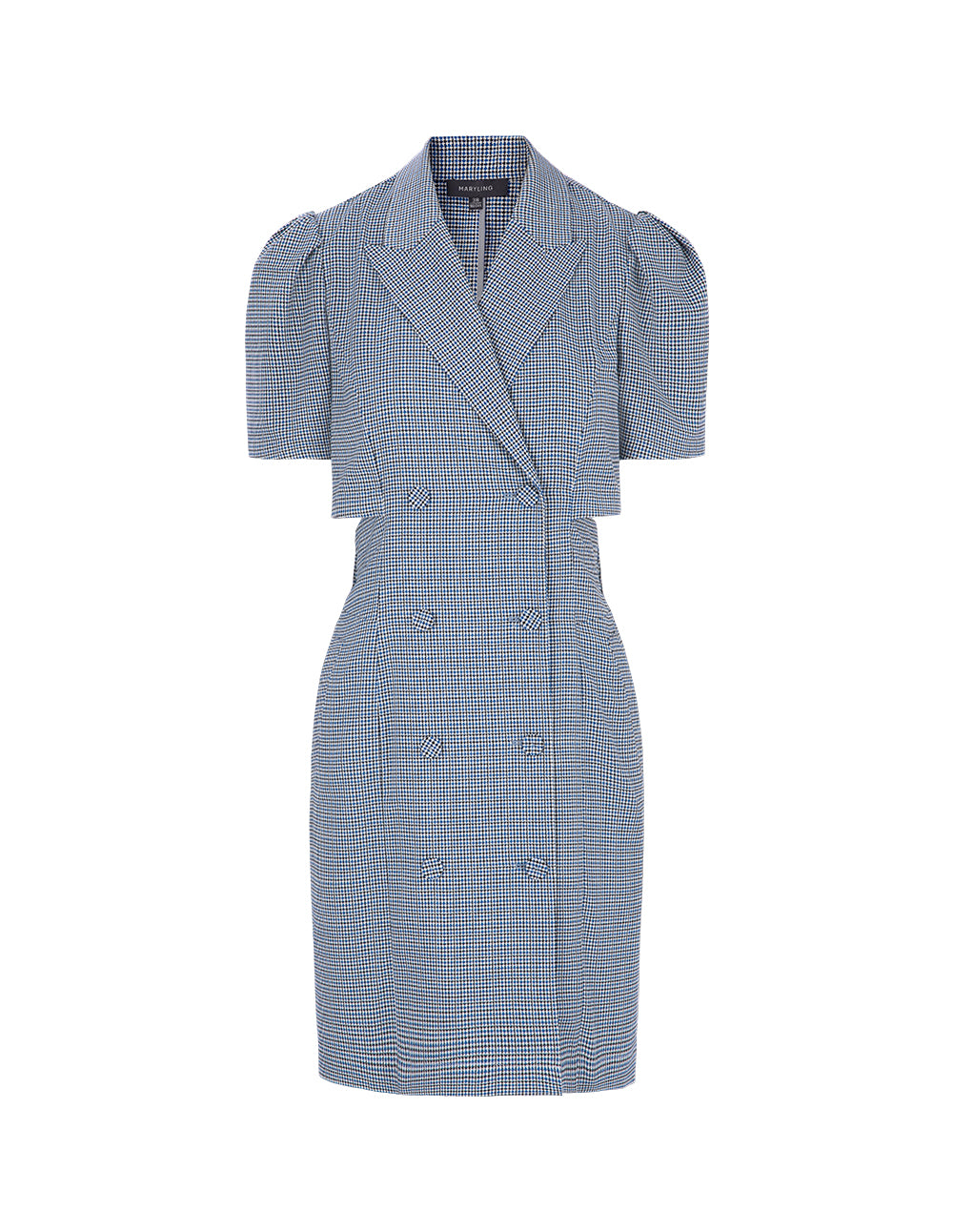MARYLING Blue And White Checkered Back Hollow Bell-Shaped Sleeve Suit Dress