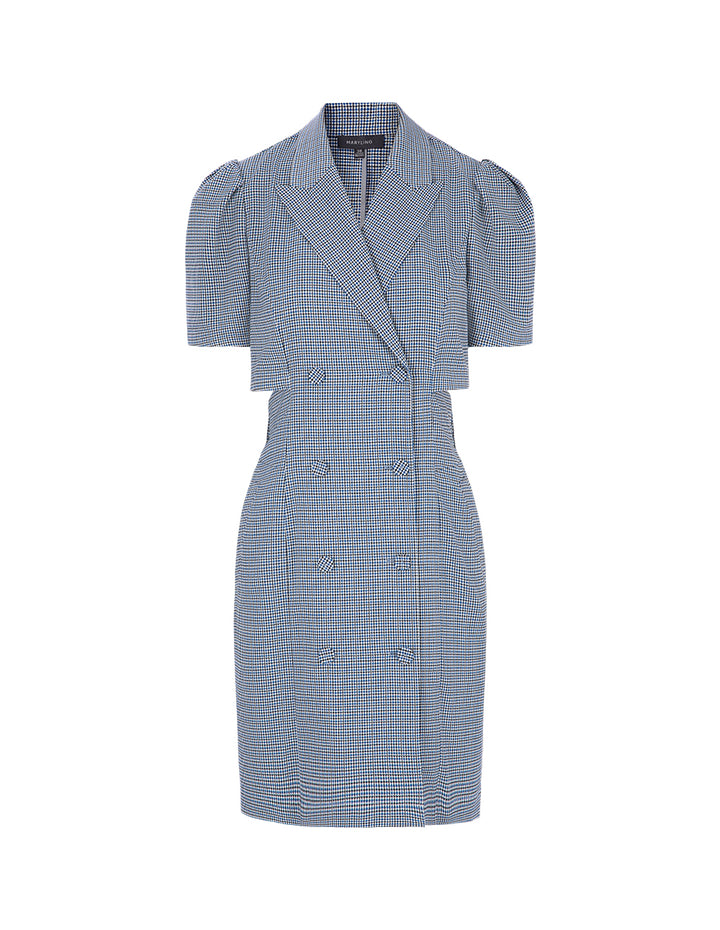 MARYLING Blue And White Checkered Back Hollow Bell-Shaped Sleeve Suit Dress
